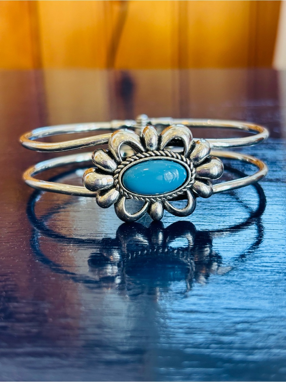 Silver Flower Hinge Cuff Bracelet with faux Turquoise Stone